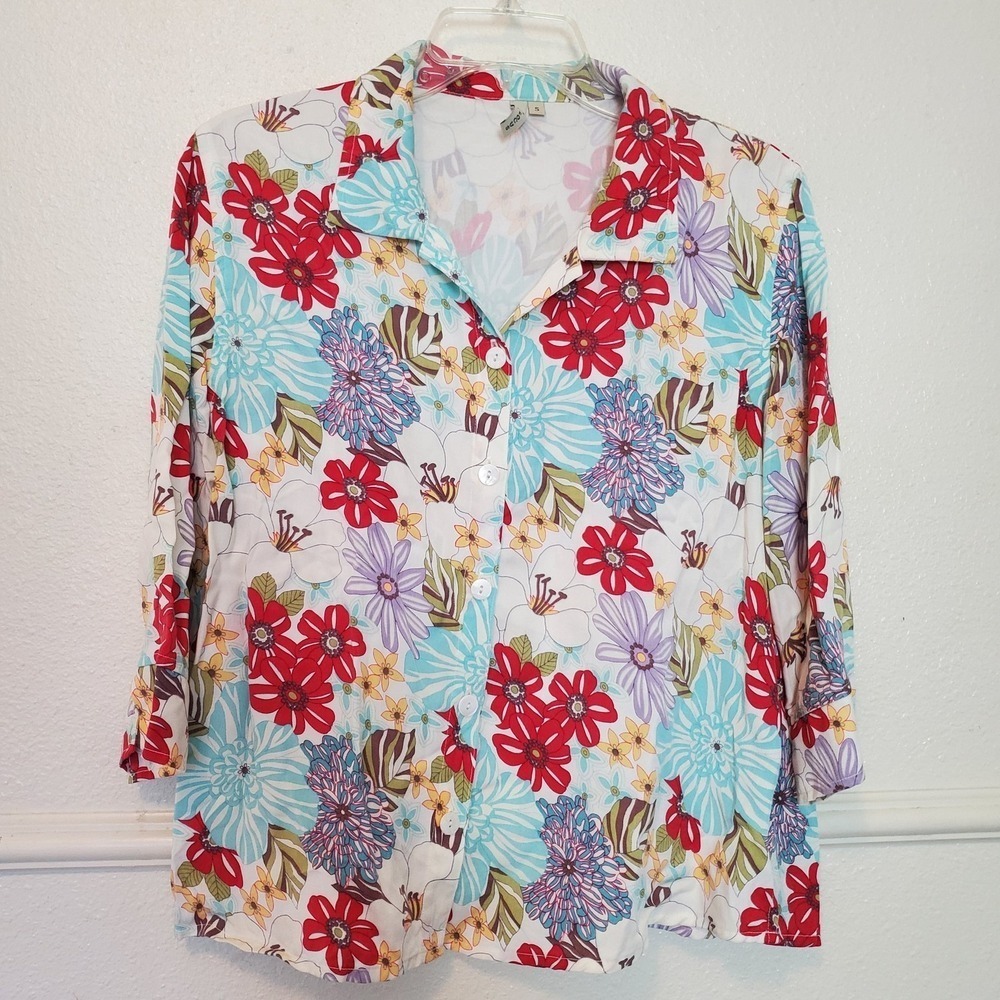 Focus 100% Tencel Floral Button Down Shirt 3/4 Sleeve Red Teal Small TC-199G